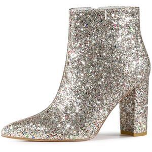 Glitter Pointed Toe Chunky Heel Sparkly Booties Silver Ankle Boots